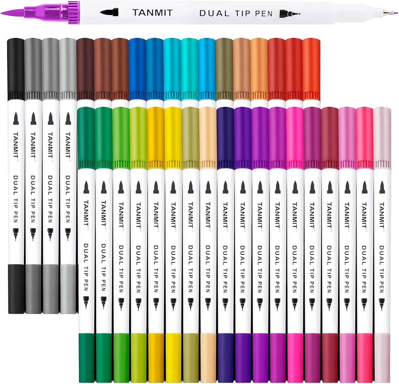 TANMIT Dual Brush Marker Pens for Coloring Books, Fine Tip Coloring Marker & Brush Pen Set for Journaling Note Taking Writing Planning Art Project - Image 1